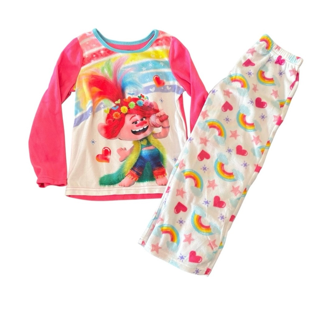 Trolls World Tour Pajama Set Girls Size 6 Rainbow Heart Poppy Long Sleeve Fleece